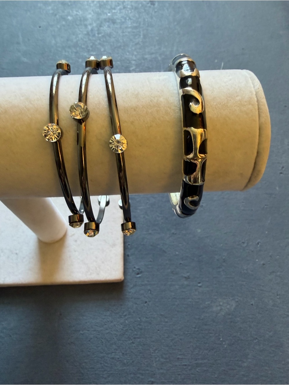 Black Enamel  Silver Tone and Rhinestone Bangles Bracelets,Set of 2